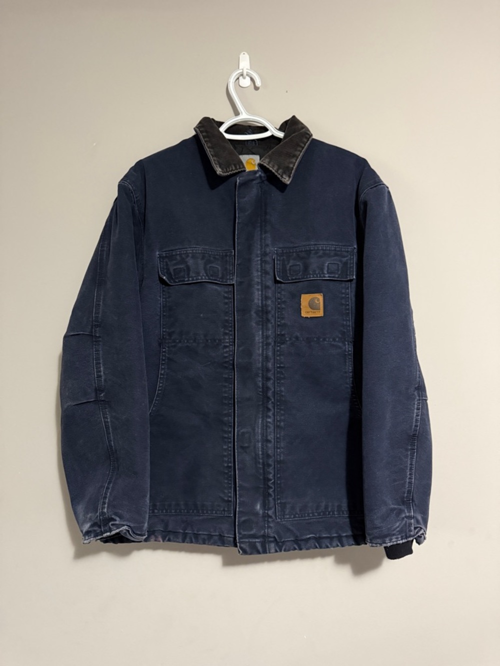 Carhartt Navy Work Jacket with Brown Corduroy Collar